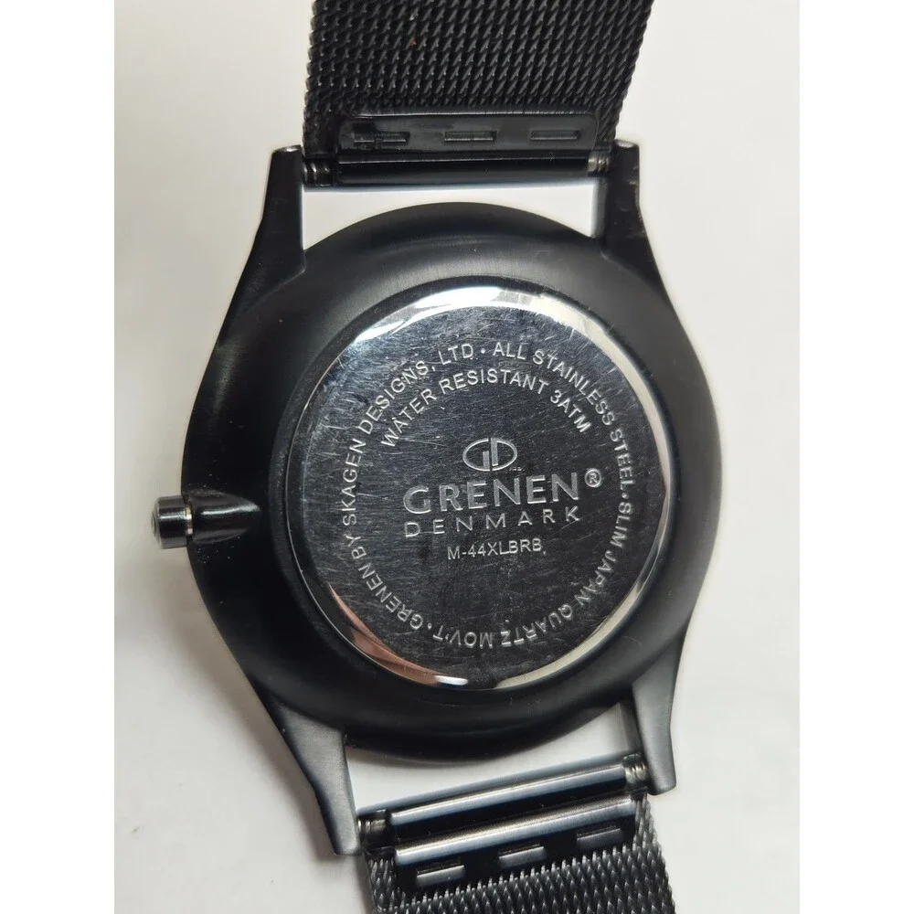 Mens Grenen by Skagen Black Gold Tone Steel Mesh 41mm Day Date Watch New Battery